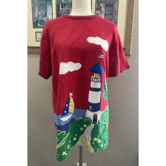 Vintage Quacker Factory Red Medium Sweater Embroidered Sailboat Lighthouse Beach - Picture 1 of 4